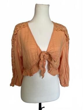 American Eagle Peach Tie Front Gauze Crop Top Crochet Boho Women's Small